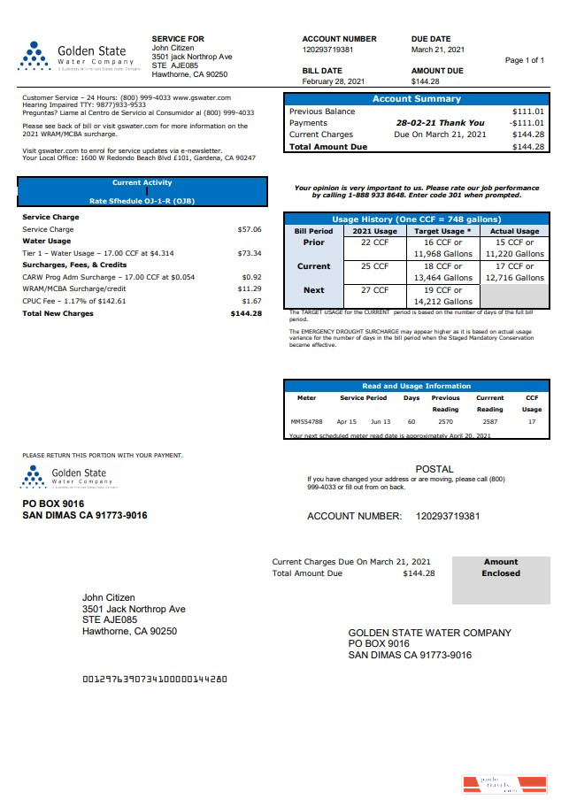 USA California Golden State Water Company utility bill template in .doc and .pdf format